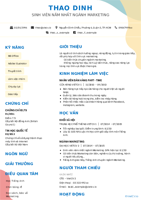 cv xin viêc cho sinh viên năm nhất