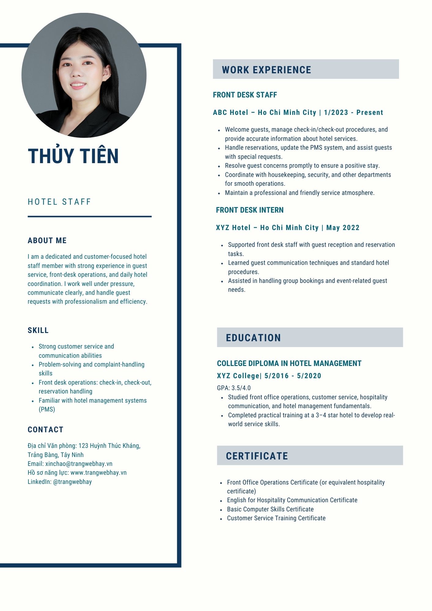 cv ngành dịch vụ khách sạn