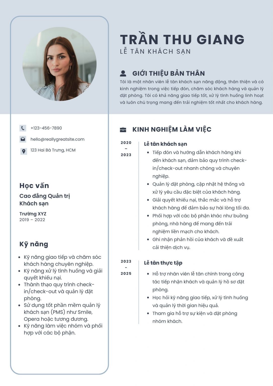 cv ngành dịch vụ khách sạn