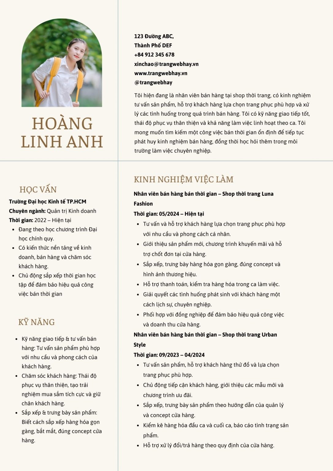 cv cho công việc bán thời gian