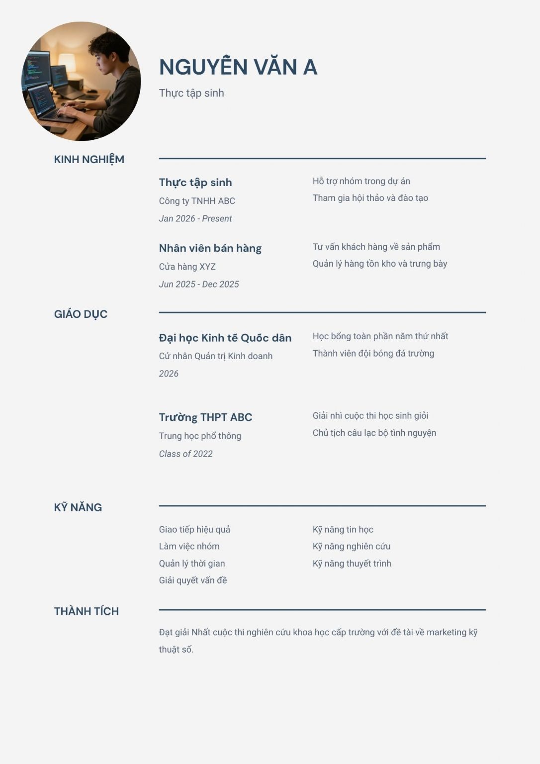 cv cho thực tập sinh chưa có kinh nghiệm