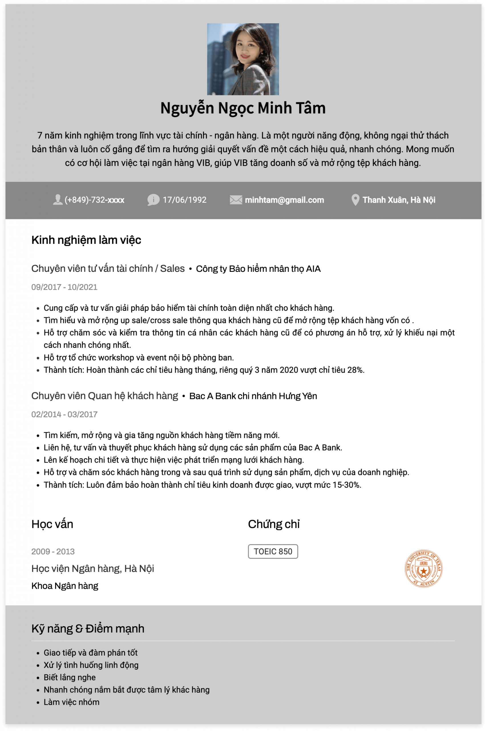 cv ngành ngân hàng