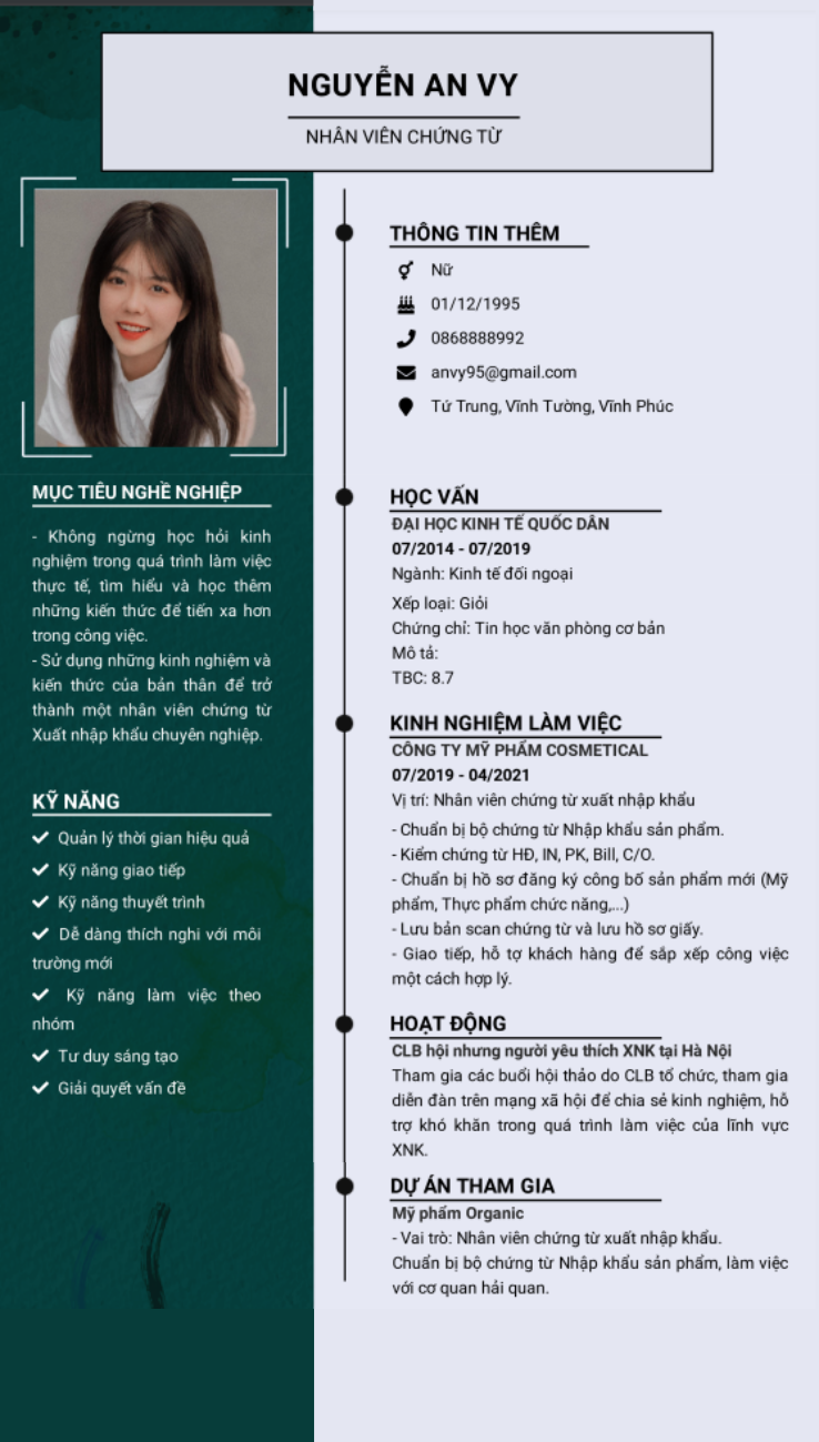 cv nhân viên xuất nhập khẩu