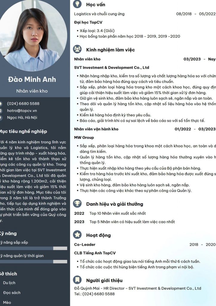 Mẫu CV nhân viên kho chuyên nghiệp, dễ gây ấn tượng với nhà tuyển dụng