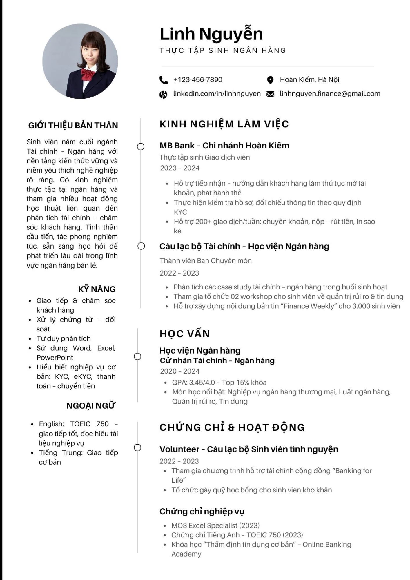 CV ngân hàng chuẩn cần thể hiện đầy đủ học vấn, kinh nghiệm làm việc, kỹ năng và các chứng chỉ liên quan
