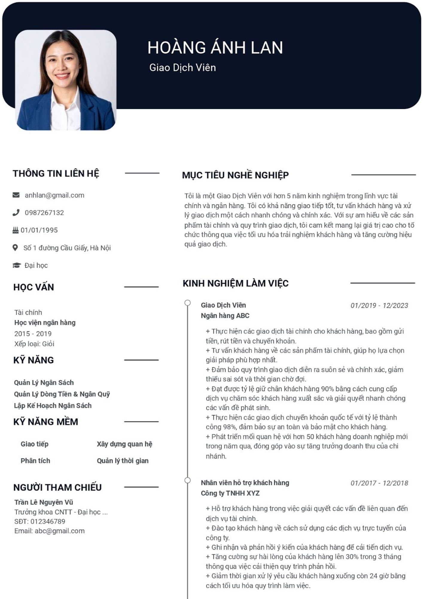 Mẫu CV giao dịch viên ngân hàng chuyên nghiệp phù hợp cho cả sinh viên mới tốt nghiệp và người đã có kinh nghiệm