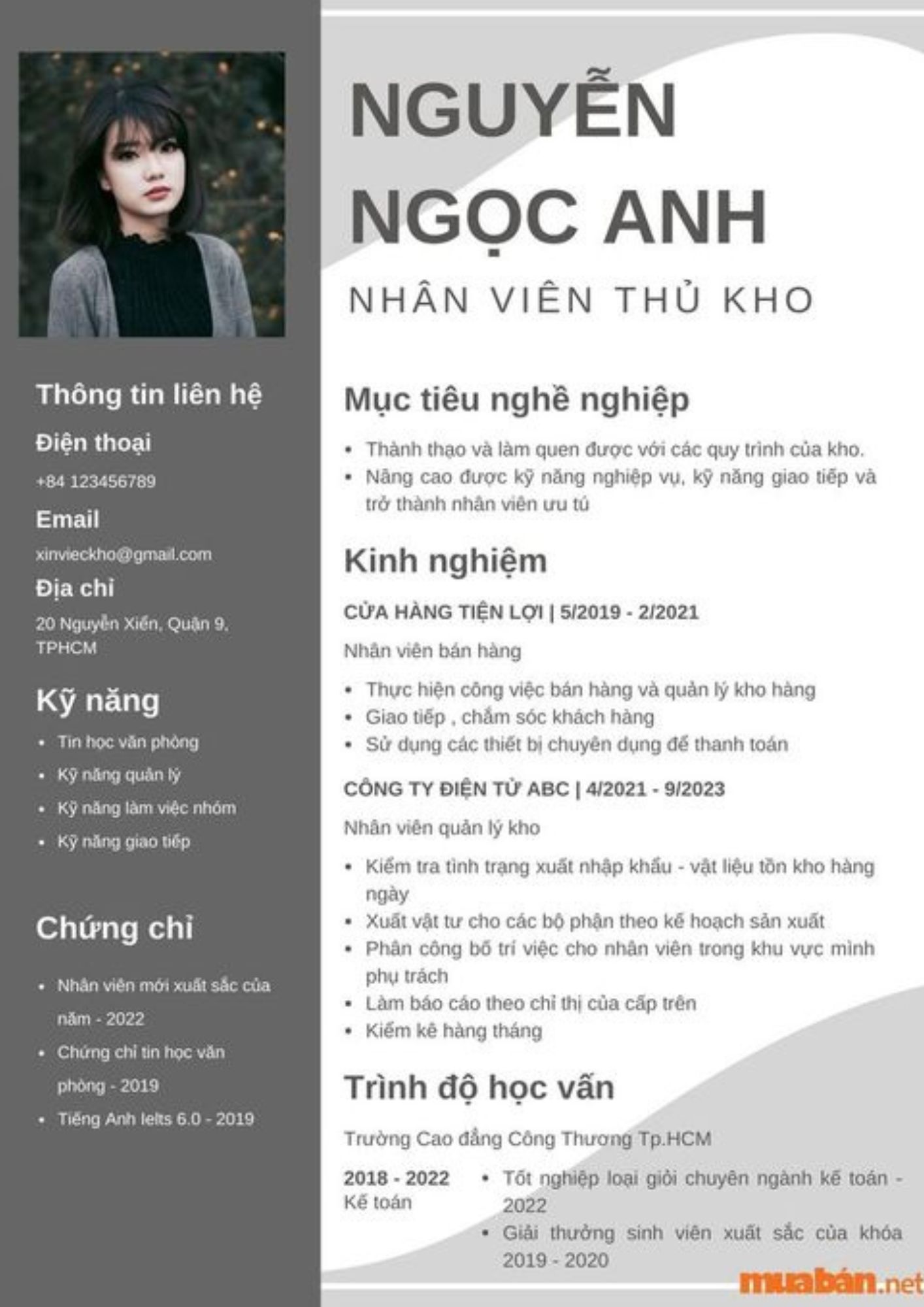 CV nhân viên kho nổi bật với bố cục rõ ràng, dễ đọc
