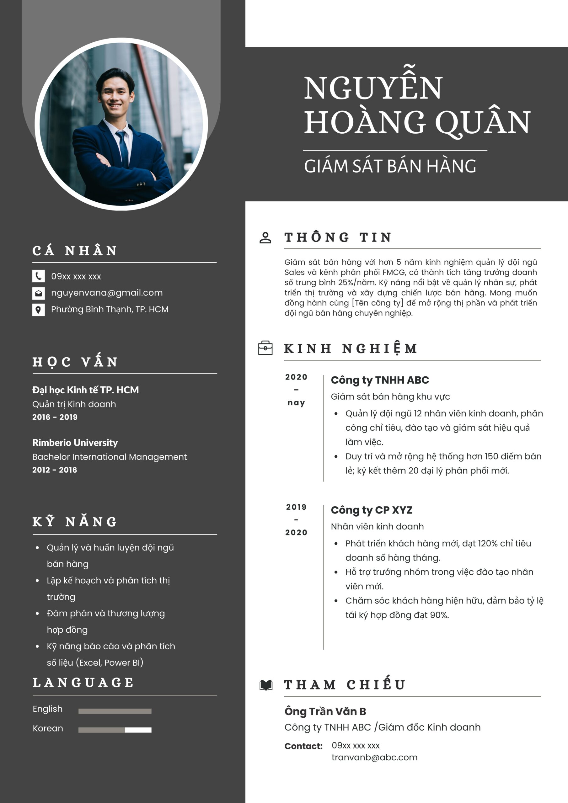 CV giám sát bán hàng nổi bật với kinh nghiệm quản lý và thành tích doanh số