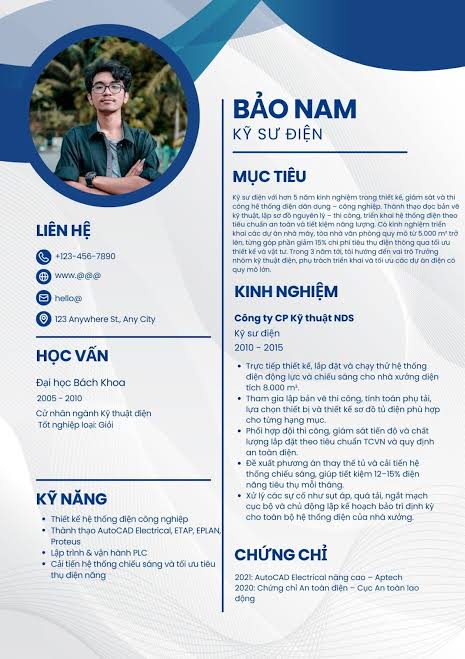 Mẫu CV kỹ sư điện trình bày đầy đủ thông tin về kinh nghiệm, kỹ năng và chứng chỉ chuyên môn