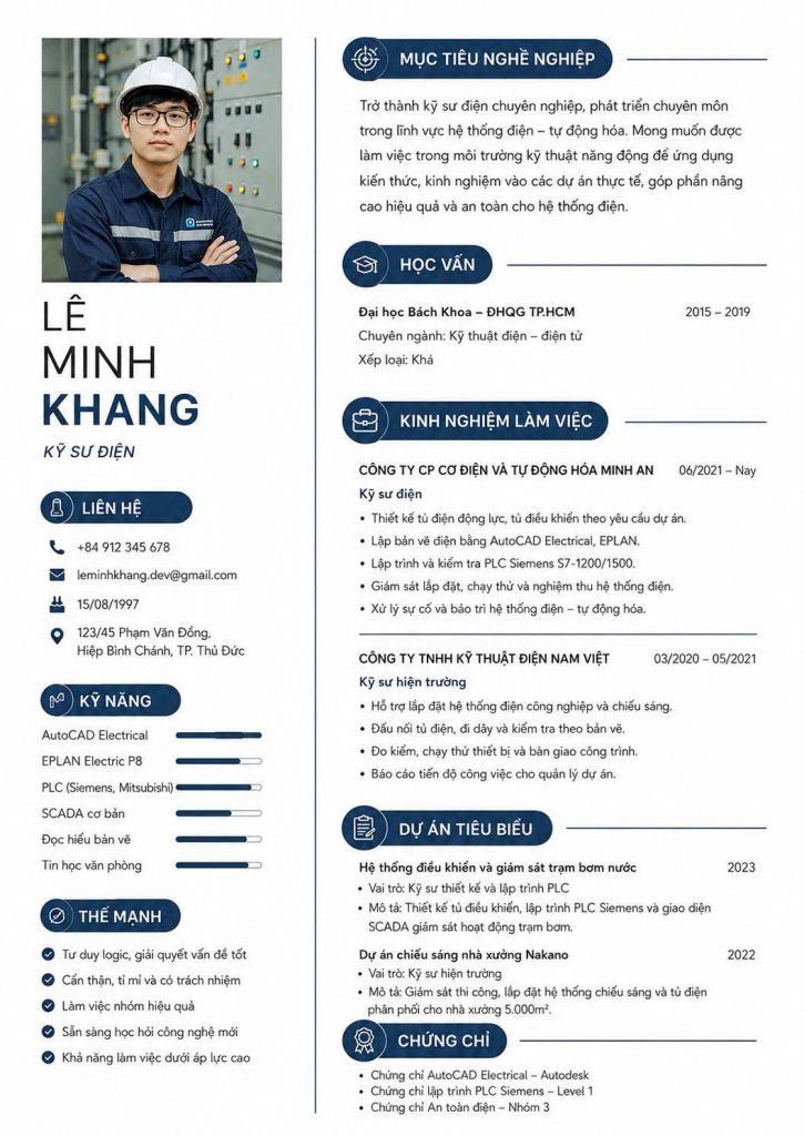 CV kỹ sư điện mẫu chuyên nghiệp với bố cục rõ ràng, phù hợp ứng tuyển tại doanh nghiệp và nhà máy