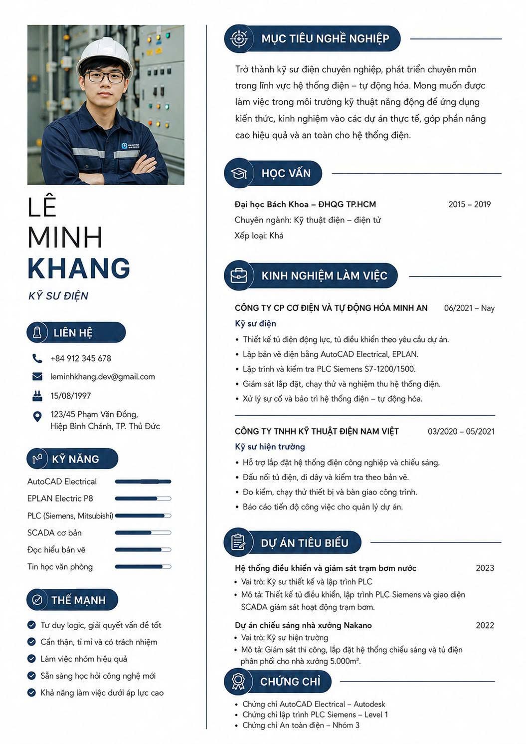 CV kỹ sư điện mẫu chuyên nghiệp với bố cục rõ ràng, phù hợp ứng tuyển tại doanh nghiệp và nhà máy