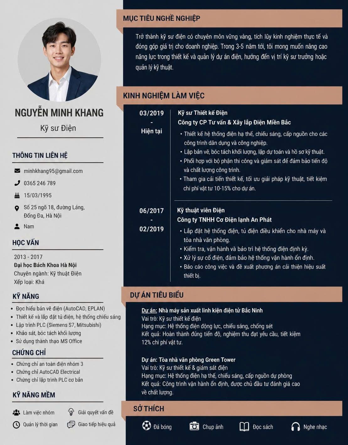 Mẫu CV kỹ thuật điện được thiết kế rõ ràng, trình bày đầy đủ kinh nghiệm, kỹ năng và học vấn