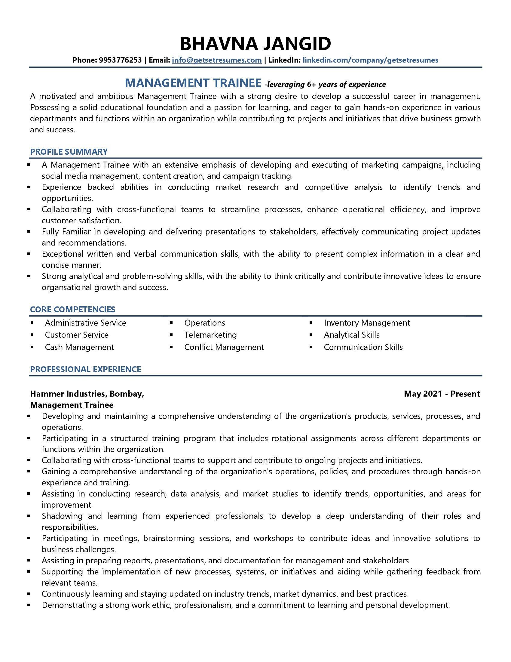 CV Management Trainee bằng tiếng Anh